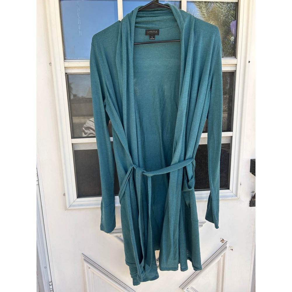 Carlisle Collection Teal 100% Merino Wool Wrap Cardigan Belted L Quiet Luxury‎